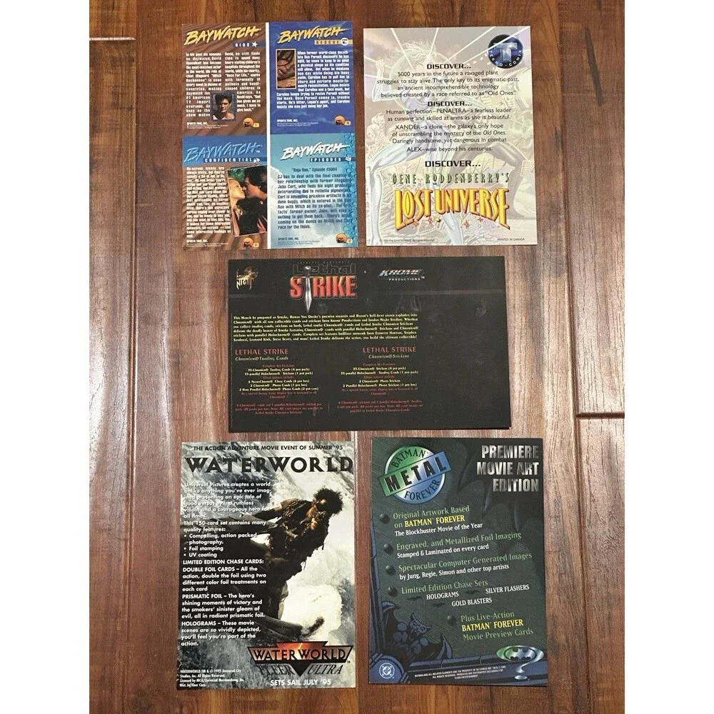 Lot of (5) 1990’s Oversized Promo Trading Cards - Baywatch, Waterworld, Batman +